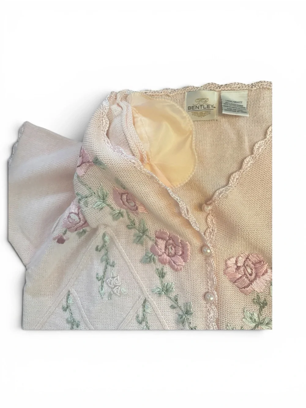 Vintage Bentley Embroidered Floral Ramie Cotton Cardigan Sweater L Cottagecore